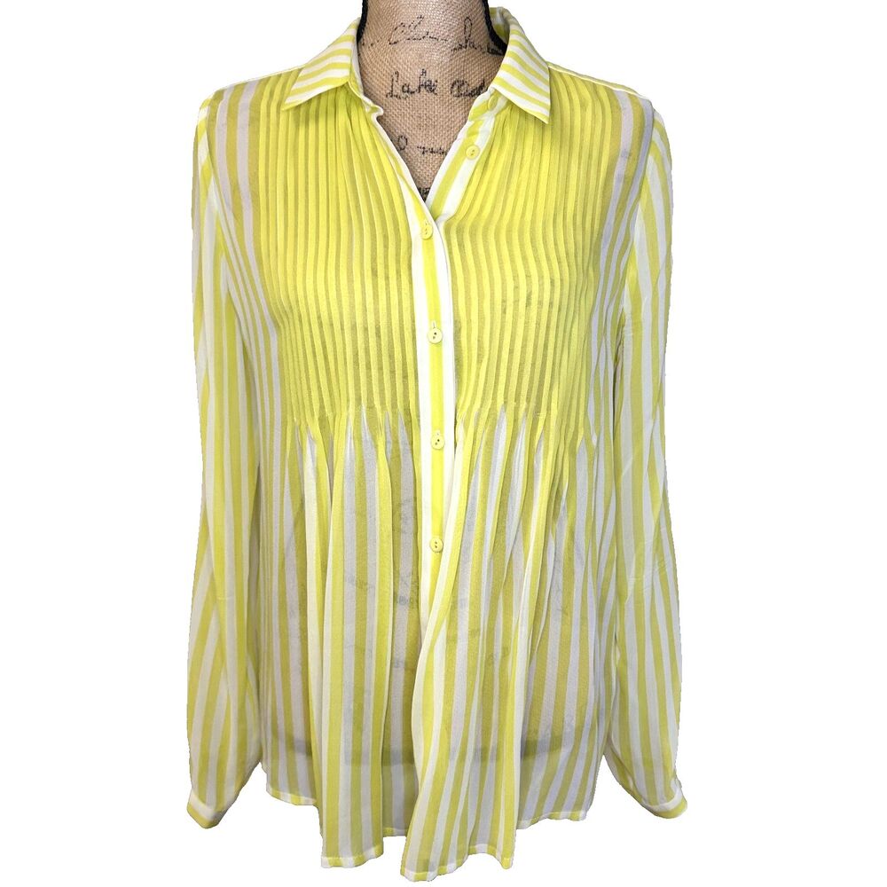 JEUNESSE Yellow White Striped Long Sleeve Button Up Sheer Silk Loose Shirt Sz M